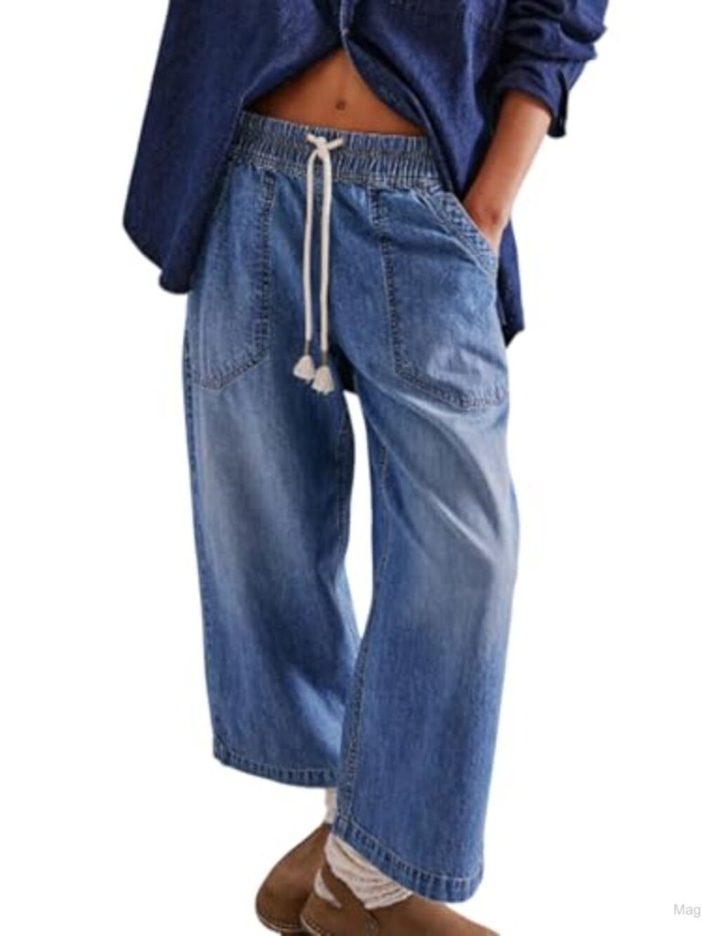 Women Baggy Elastic Waist Boyfriend Jeans Wide Leg Cropped Denim Pants